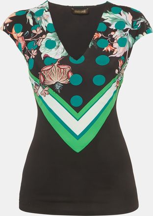 Roberto Cavalli Black Floral Print Jersey Cap Sleeve Top