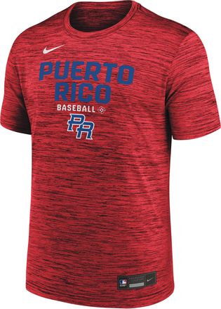 Nike Puerto Rico National Baseball Team 2026 World Baseball Classic Velocity Nike Mens Dri-FIT T-Shirt in Red | 02ER62QWBR-ABV