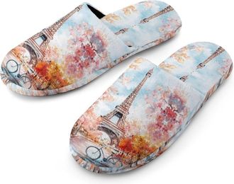 Generic Paris E-iffel Tower Watercolor Mens Cotton Slippers Memory Foam Comfort House Shoes Winter Indoor Slipper for Hotel Casa Spa