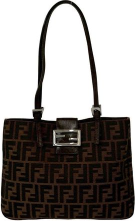 Fendi Black Brown Canvas Leather Handbag Shoulder Bag Tote Bag (Pre-Owned)