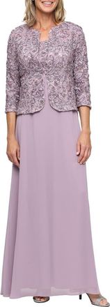 Alex Evenings Sequin Soutache Lace Empire Waist Chiffon Gown with Jacket in Wisteria at Nordstrom, Size 18