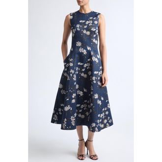 Emilia Wickstead Mara Magnolia Taffeta Faille Midi Dress in Magnolia Print - Mignight at Nordstrom, Size 10