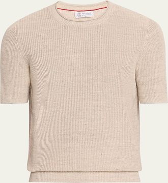 Brunello Cucinelli Mens Ribbed Linen and Cotton Short-Sleeve Crewneck Sweater
