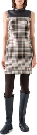 Akris Check Tweed Wool Blend Shift Dress with Faux Leather Trim in Winter White-Espresso at Nordstrom, Size 10