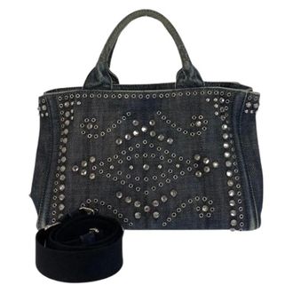 Prada Pre-owned Handbags, female, Blue, Size: ONE SIZE Pre-owned Denim Bijou Canapa Logo Tote Bag