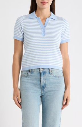 Adrianna Papell Stripe Short Sleeve Polo Sweater in Classic Blue/Ivory at Nordstrom Rack, Size X-Large