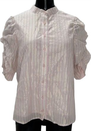 Ciebon Womens Metallic Striped Puff Sleeves Button Top In Pink
