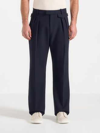 Mani&egrave;re De Voir Pierre Relaxed Fit Pleated Tailored Trousers in Navy at Nordstrom, Size 30
