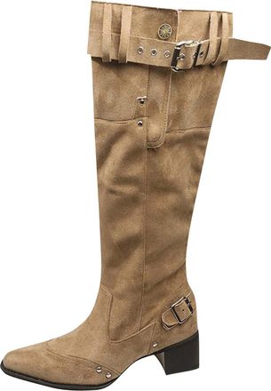 Generic Womens Cowboy Cowgirl Boots with Belt Chunky Block Heel Pointed Toe Pull On Suede Slouch Riding Long Shoes Ladies Knee High Boots Fall Winter Stretch 