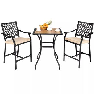 Costway Costway 3 Pieces Patio Bar Set Bar Height Outdoor Bistro Set W/ 2 Upholstered Bar Stools in Brown