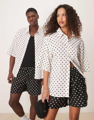 Sister Jane Sister Jane Unisex polka dot boxy shirt in cream - part of a set-White