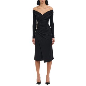 Elisabetta Franchi Off-the-Shoulder Wrap Midi Jurk met Gouden Knopen - Dames - Feestkleedjes - Zwart - XL - Kleedjes