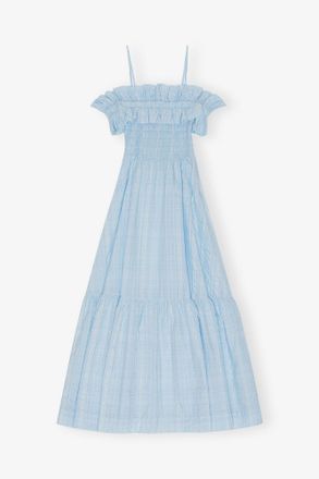 Ganni Blue Seersucker Check Smock Maxi Dress - Size 8/10 Organic Cotton
