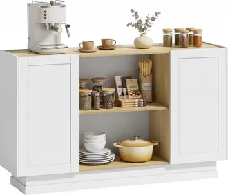 HOMCOM Homcom Aparador Moderno Con 2 Estantes Abiertos, 2 Puertas De Cierre Suave, Para Tv 60 Pulgadas, Para Sal&oacute;n, Comedor, 133x35x79,7 Cm, Natural Y Blanco