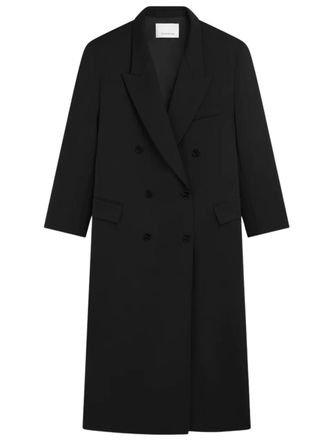 Frankie Shop Structured Black Viscose Long Coat With Lapel Collar