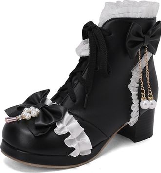 Generic Womens PU Leather Ankle Boots Bow Pearl Detail Round Toe Chain Ruffled Lace Trim Two Tone Block Heels Lace Up Soft Lining Durable Outsole,Black,6.5 UK