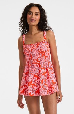 Lands End Womens Square Neck Smocked Mini Swim Dress in Radiant Orange Floral Medley at Nordstrom, Size 16