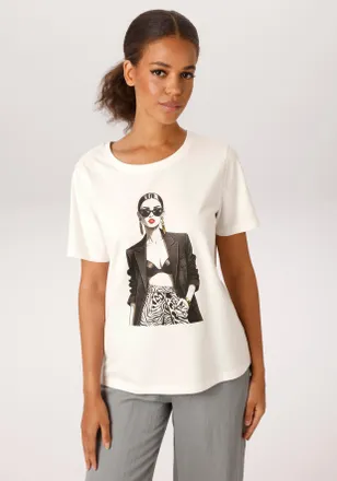 Aniston T-Shirt ANISTON CASUAL, Damen, Gr. 32/34, wollwei&szlig;, schwarz, grau, oliv, goldfarben, rot, Single Jersey, Obermaterial: 100% Baumwolle, bedruckt, l&auml;ssi