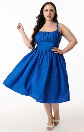 Unique Vintage Plus Size 1950s Cotton Swing Dress in Royal Blue at Nordstrom, Size 4X