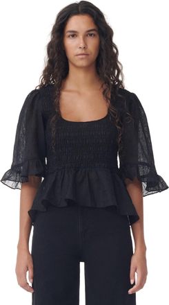 Ganni Crinkled Georgette Smock Blouse in Black Size 6 Polyester Womens