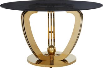 Premier Housewares Grey Tempered Glass Dining Table, Brushed Gold Stainless Steel Frame, Modern Cross-Brace Design Dining Table