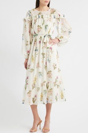 ZOE AND CLAIRE Printed Ruffle Long Sleeve Tie Belt Chiffon Midi Dress in Cream Multi at Nordstrom, Size X-Large