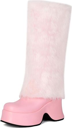 Generic Womens Wedge High Heel Platform Long Boot Round Toe PU Leather Mid-Calf Boots Pull on Warm Winter Boots,Pink,4.5 UK
