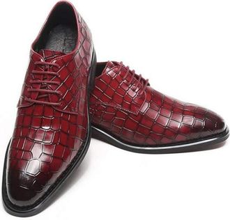 Generic Oxford Formal Shoes for Men Lace Up Crocodile Embossed Derby Shoes Leather Block Heel Low Top Non Slip Anti-Slip Rubber Sole Business(Red,8.5 UK)