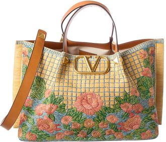 Valentino Dnu Inv Valentino Vlogo Signature Raffia & Leather Tote