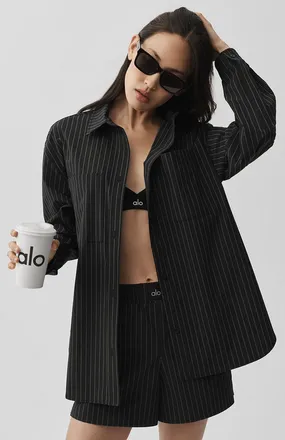 Alo | Pinstripe Daylight Button Down Long Sleeve Top in Black/Titanium, Size: Medium