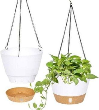 OEM Macetas Colgantes, Juego De 2, Pl&aacute;stico Blanco - 25 Cm (10 Pulgadas) Con Orificios De Drenaje Y 3 Ganchos Para Uso Interior Y Exterior
