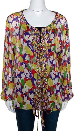 Roberto Cavalli Multicolor Tulip Print Silk Sheer Blouse