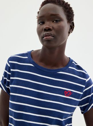 Contemporaine Womens Embroidered heart striped slub T-shirt