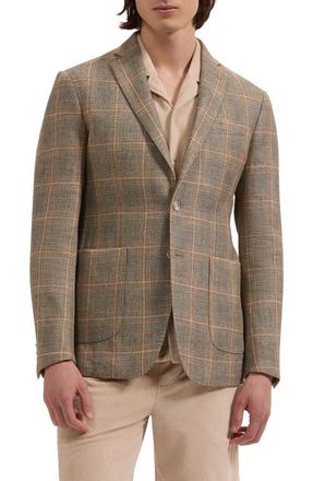 Bugatchi Windowpane Check Cotton & Linen Blazer in Khaki at Nordstrom, Size 42