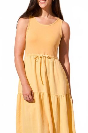 Tribal Mixed Media Tiered Midi Sleveless Dress In Tangerine