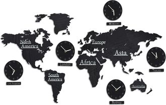 Relaxdays Relaxdays - Mapa Mundo Madera Con 5 Relojes, 10 Nombres De Ciudades, Mapamundi 3d, Con Plantilla, 61x113 Cm, Negro