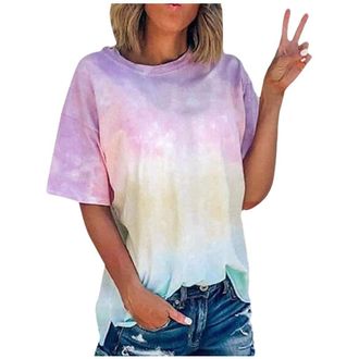 Generic Tie Dye T-Shirt Womens with Funny Print - T Shirts Womens Large Sizes T-Shirt Casual Viscose Long Shirt Short Sleeve Sweatshirt Elegant Tops Spring Ba