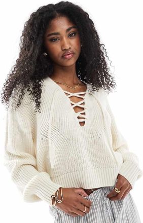 Miss Selfridge half lace up sweater in cream-White
