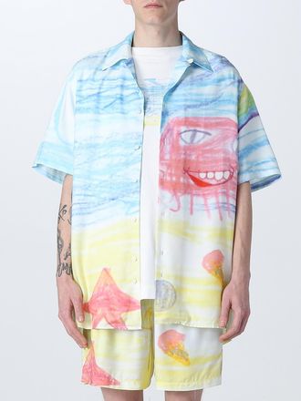 Paura Mens Beach Scene Print Shirt - White Silk - Size Medium