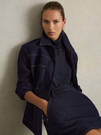 Reiss Navy Wool-blend Topstitch Woven Shirt, 14