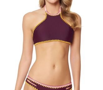 Jessica Simpson Woodstock Reversible High Neck Bikini Top In Merlot And Spice