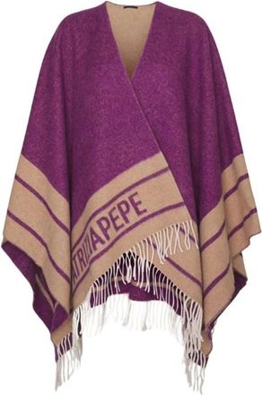 Patrizia Pepe Jassen, Dames, Paars, ONE Size, Wol, Paarse poncho met franje en logo jacquard