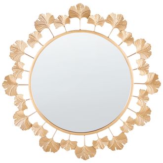 Beliani Espejo Decorativo Glamuroso Redondo 60 Cm Hojas De &Aacute;rbol De Ginkgo Sala De Estar Pasillo Dorado Codolet