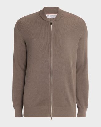 Brunello Cucinelli Men & apos;s Cotton Rib Baseball Collar Zip Cardigan