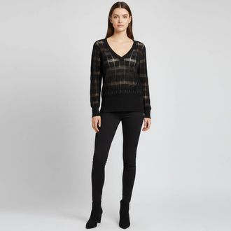 M Missoni Black Pointelle Knit Sheer V-Neck Sweater