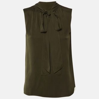 Theory Olive Green Silk Tie Neck Sleeveless Top