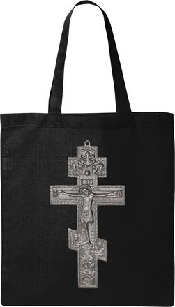 Generic Eastern Orthodox Christian Cross Natural Ecological Cotton Tote Bag Black