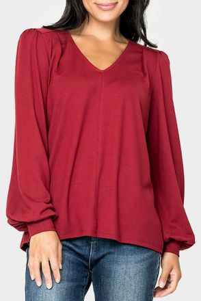 Gibsonlook V-Neck Blouson Sleeve Sweater In Deep Garnet