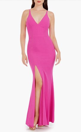 Dress The Population Iris Slit Crepe Gown In Bright Fuchsia