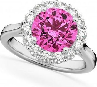 Allurez Halo Round Lab Pink Tourmaline & Lab Grown Diamond Engagement Ring 14K White Gold 3.20ct